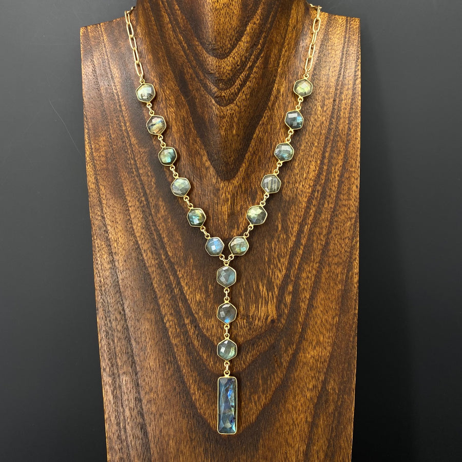 Labradorite hexagon lariat necklace - gold