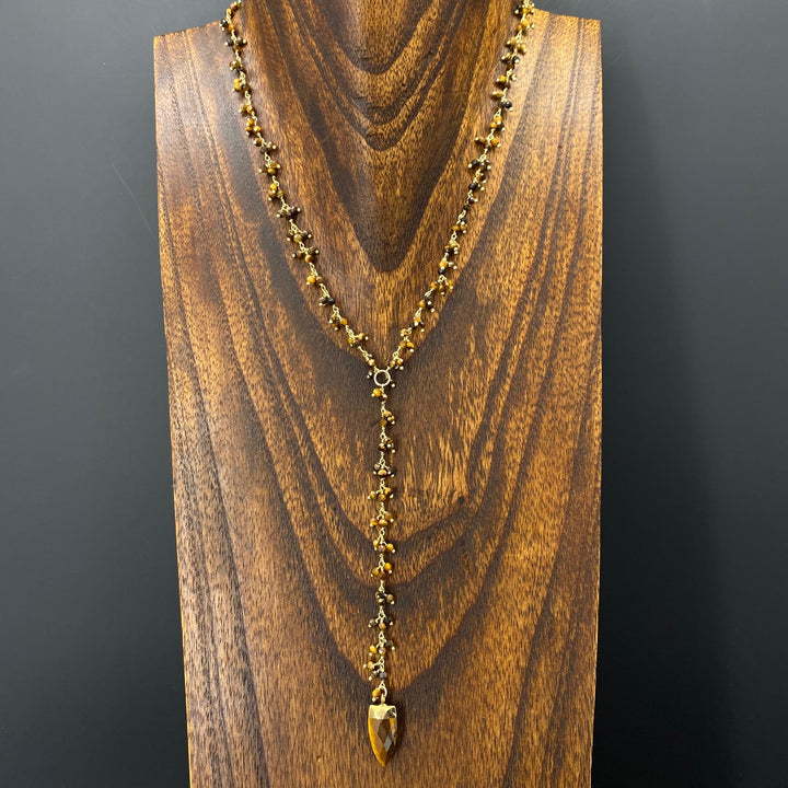 Tiger's eye lariat necklace - gold