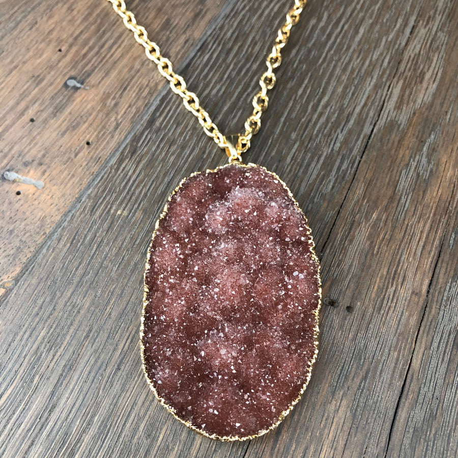 XL Druzy oval necklace on textured chain - gold