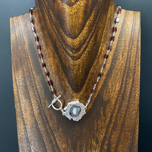 Amethyst/jasper stalactite slice and garnet necklace - silver