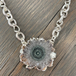 Crackled crystal "flower" amethyst/jasper stalactite slice necklace - silver