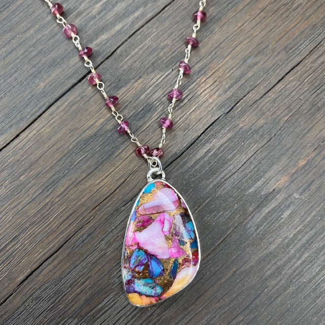 Pink oyster turquoise on gemstone chain - sterling silver