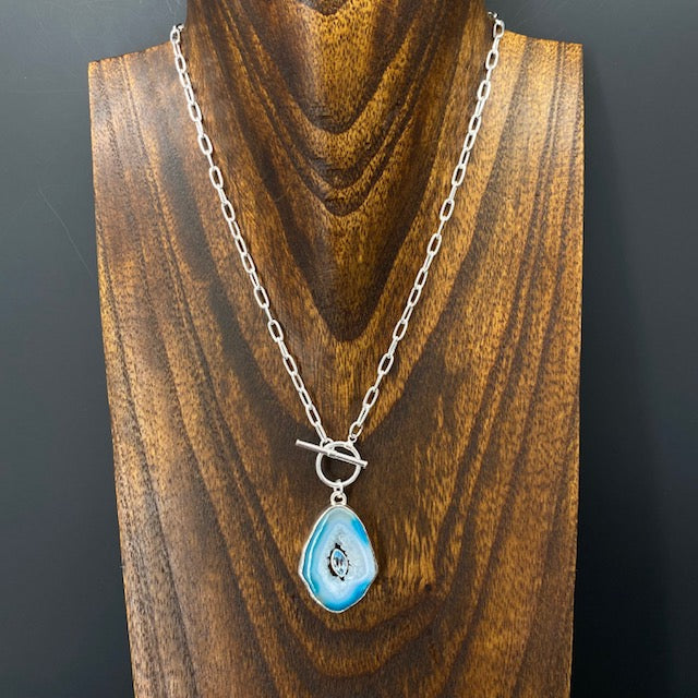 Seafoam agate slice with blue topaz toggle necklace - sterling silver
