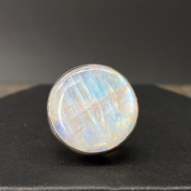 Rainbow moonstone "Moon Phases" full moon ring - sterling silver