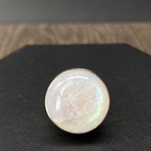 Rainbow moonstone "Moon Phases" full moon ring - sterling silver