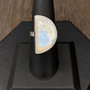 Moon Phases rainbow moonstone half moon ring - sterling silver