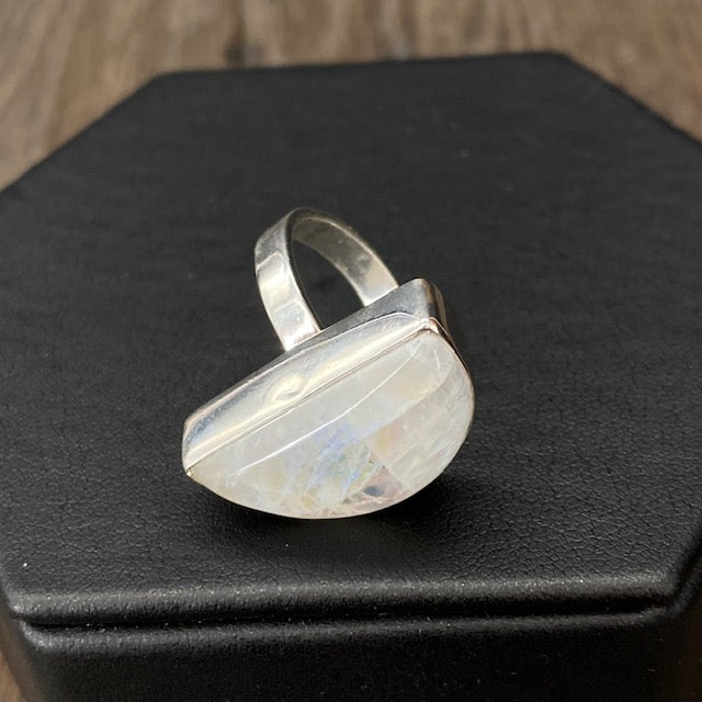 Moon Phases rainbow moonstone half moon ring - sterling silver