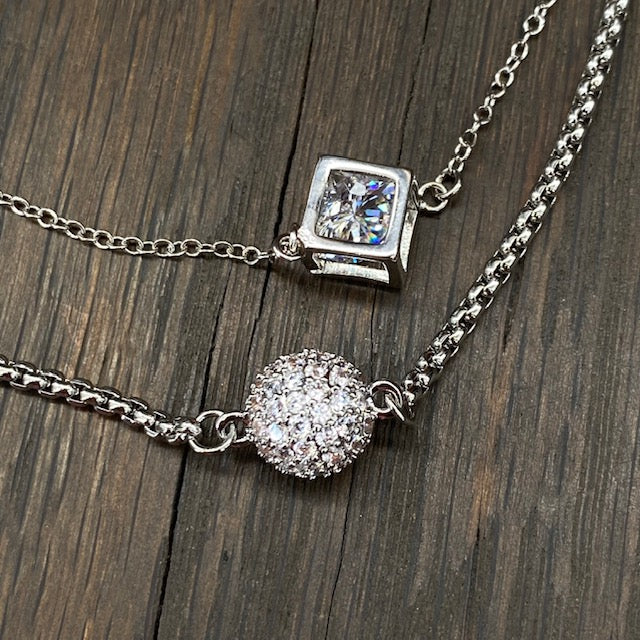 Pavé cz ball and crystal cage double necklace - silver