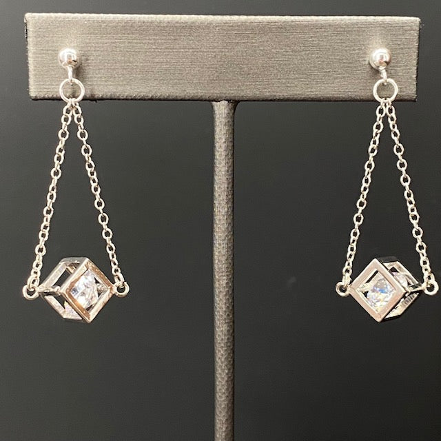 Geometric crystal cage earrings - silver