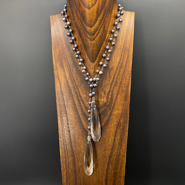 Peacock faux pearl and crystal drop necklace - mixed metal
