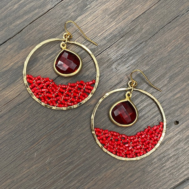 Seed bead hoops with cherry quartz drops - gold