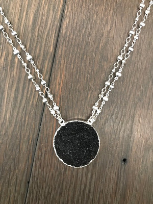 Black druzy "new moon" necklace - silver