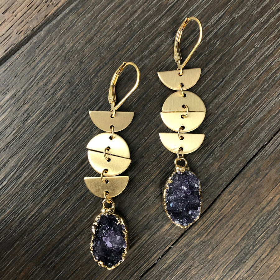 Brushed geometric shape earring with druzy drop - gold