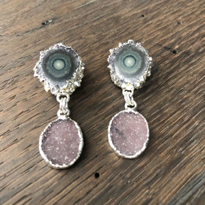 Jasper stalactite post earring with druzy drops - silver