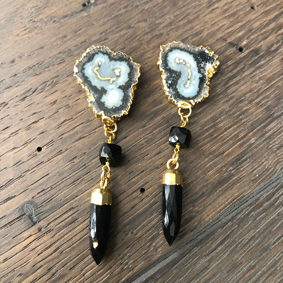 Jasper stalactite slice post earrings with black spinal and onyx