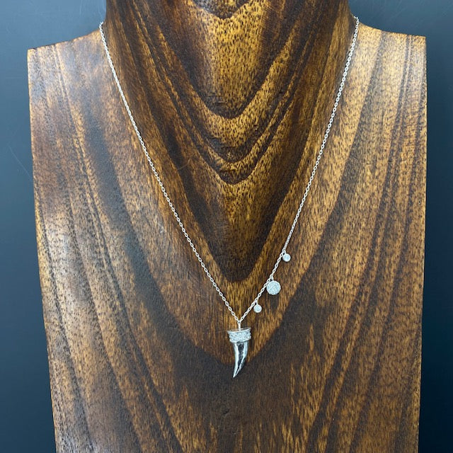 Asymmetrical small horn necklace pavé cz discs - sterling silver