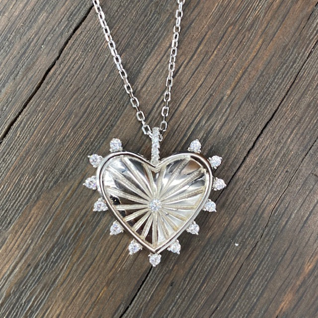Tiny cz trimmed heart amulet necklace - sterling silver
