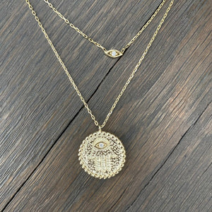 Double strand tiny eye and hamsa coin necklace - sterling silver, gold vermeil