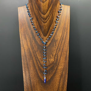 Cobalt blue beaded Y necklace with lapis drop - silver
