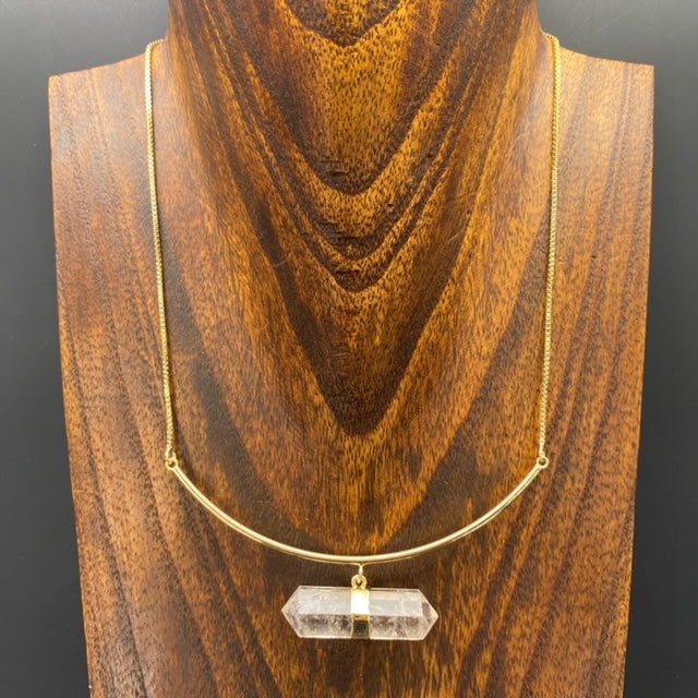 Ethereal faceted hanging quartz bar necklace - gold tone