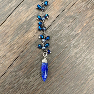 Cobalt blue beaded Y necklace with lapis drop - silver