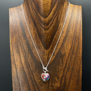 Pink oyster turquoise heart toggle necklace - sterling silver