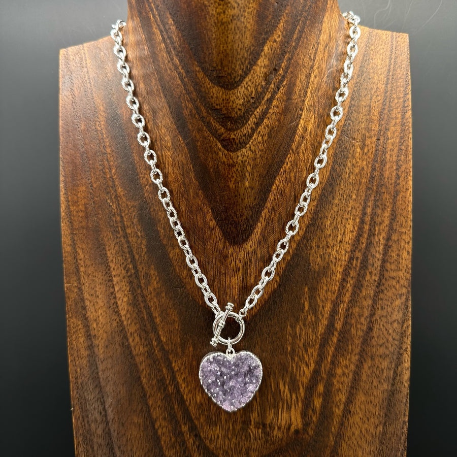 Wrap and Toggle druzy heart necklace - silver