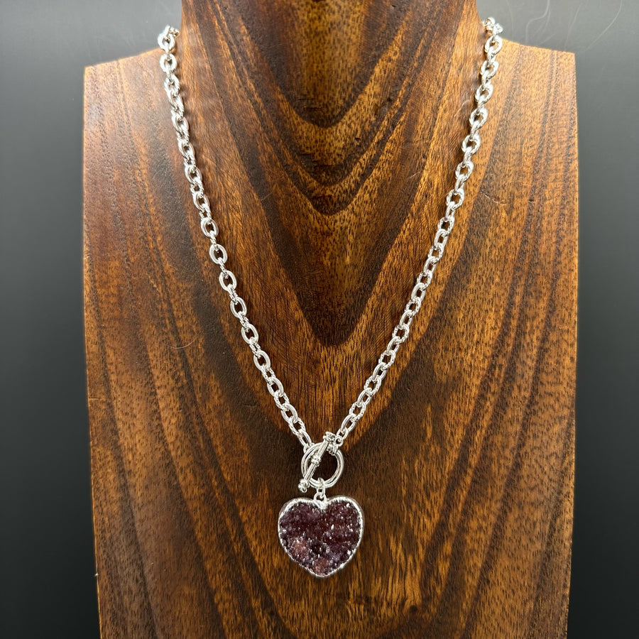 Wrap and Toggle druzy heart necklace - silver