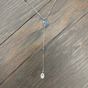 Sky blue cz accent Y necklace with hamsa drop - sterling, gold vermeil