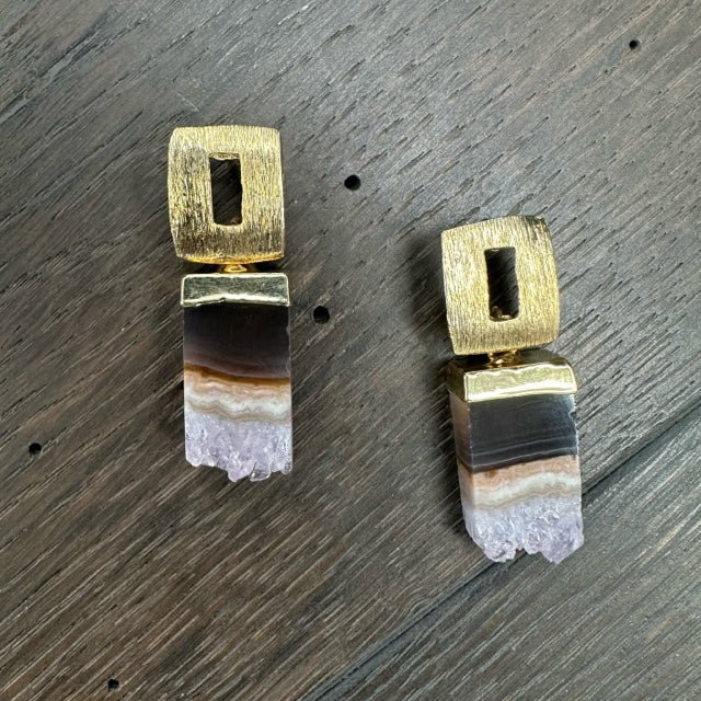 Amethyst slice "Origami" and geometric post earrings - gold tone