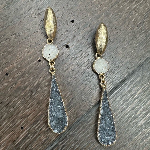 Double druzy long drop earrings - gold tone