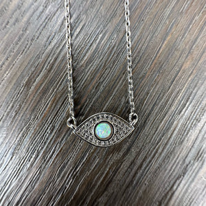 Tiny pavé cz and opal eye necklace - sterling, silver