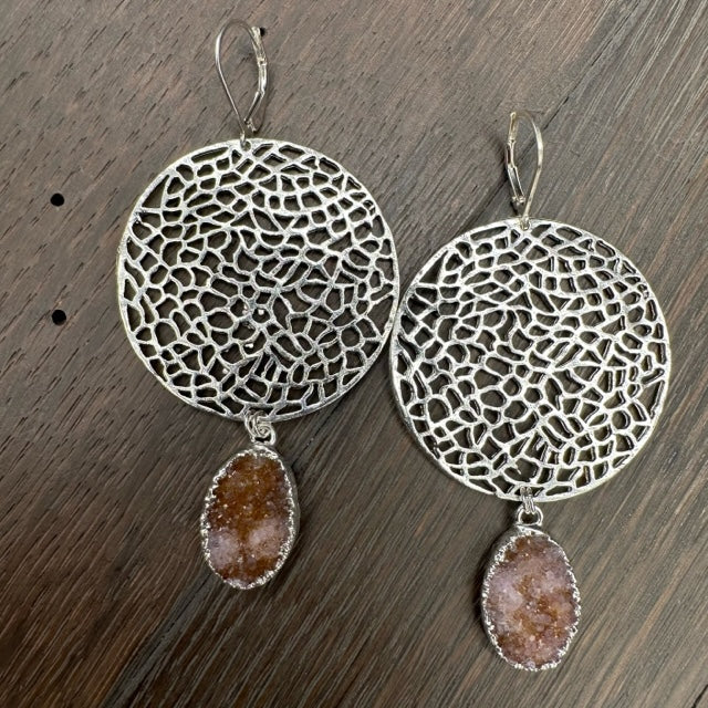 Filigree disc earrings with druzy drops - silver