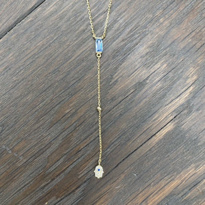 Sky blue cz accent Y necklace with hamsa drop - sterling, gold vermeil