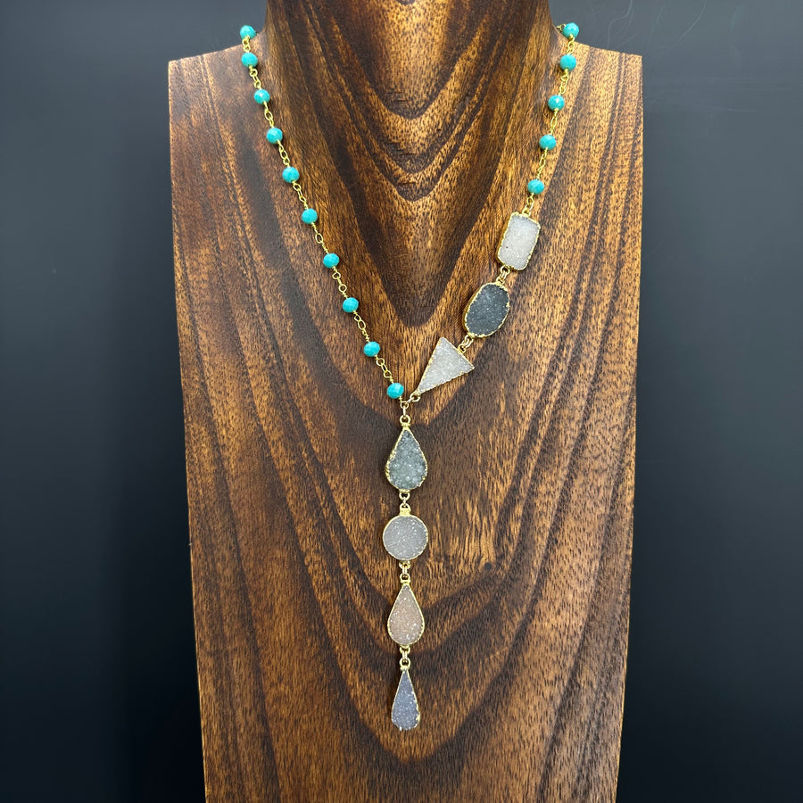 Asymmetrical teal beaded druzy necklace - gold