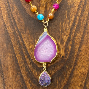 Multi agate beaded necklace with agate and druzy drop - gold