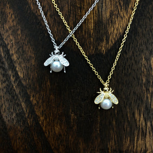 Baby bee faux pearl and cz necklace