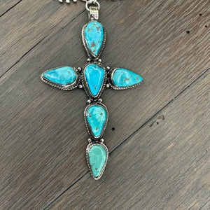 Turquoise cross statement necklace - antique silver