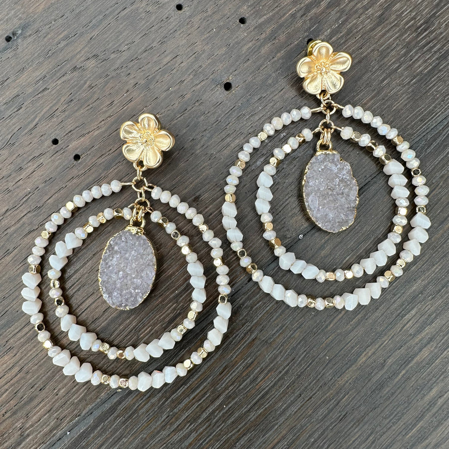 Peach beaded double hoop earring with druzy drops -  gold tone