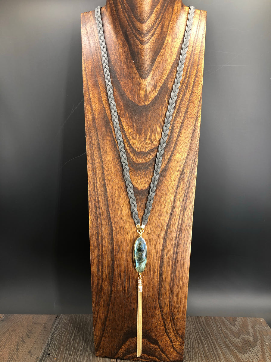 Gray braided leather with labradorite accent necklace