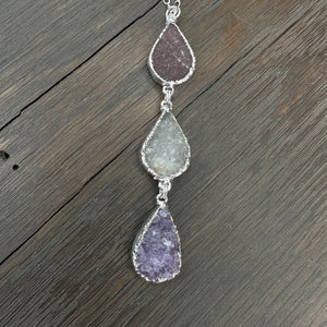 Triple druzy teardrop drop necklace in purples, sage - silver