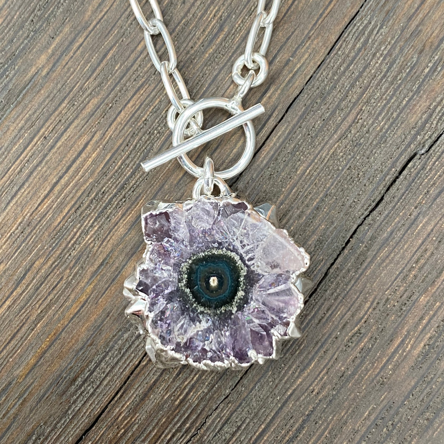 “Tiny toggle” wrap and toggle small amethyst stalactite slice necklace - silver