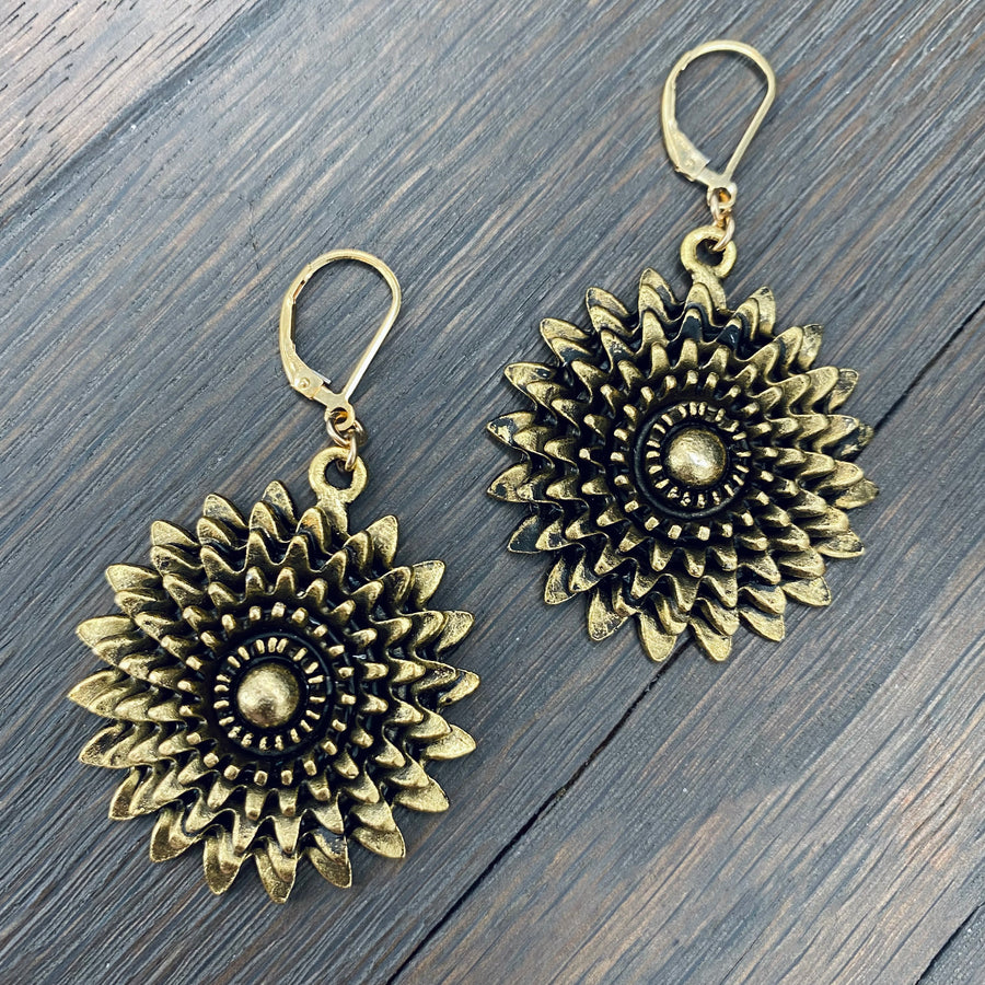 Dahlia disc flower earrings - antique silver, brass