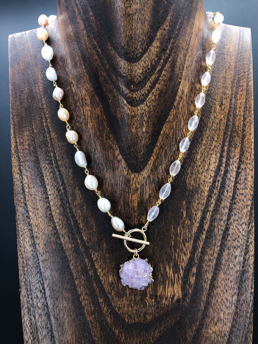 Wrap and toggle pearl and rose quartz necklace