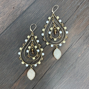 Double teardrop hoop earrings with druzy drops - gold tone