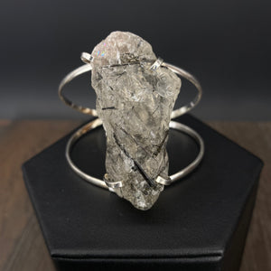 Tourmalated quartz cluster cuff bracelet - silver