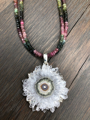 Watermelon tourmaline and amethyst stalactite slice necklace
