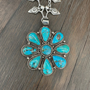 Large nine stone turquoise long statement necklace - silver tone