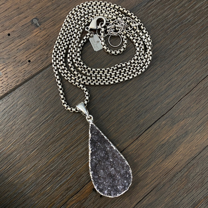 Teardrop druzy pendant - antique silver