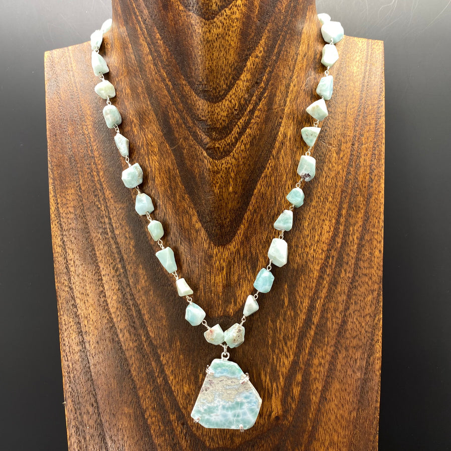 Larimar nugget with free form Larimar pendant - silver